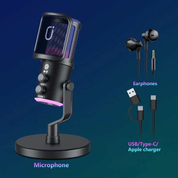 【Kostenloser Versand】Dynamisches Gaming-Mikrofon, USB-Mikrofon mit Geräuschunterdrückung, RGB-Licht, Einstelliges Stummschalten, Anti-Vibrationsständer, Pop-Filter, für PC/Mac/PS5/PS4, Streaming/Aufnahme/Podcast, Headset inklusive - Image 4